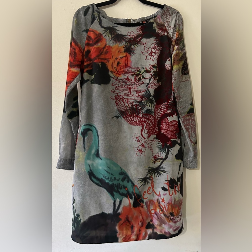 Desigual Vibrant Long Sleeve Dress with Red and Green Accents